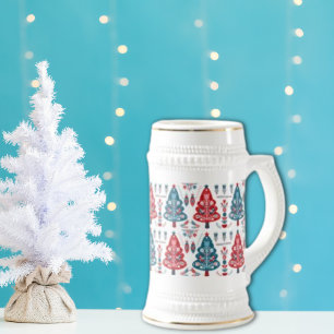 Caneca De Cerveja Padrão Nórdico da Árvore de Natal Vermelha e Azul