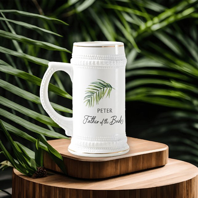 Caneca De Cerveja Padre da Festa de casamento de Folha de Palma da N (Father of the Bride beer stein with tropical palm leaf and calligraphy)