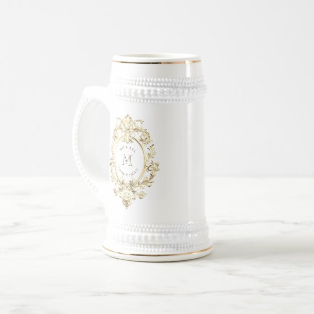 Caneca De Cerveja Padrinhos de casamento Dourados do Monograma Barro (Frente Esquerda)