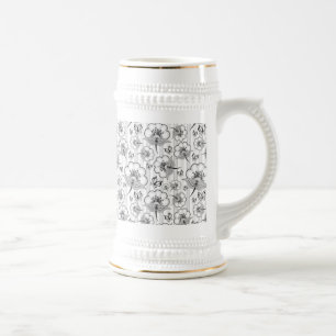 Caneca De Cerveja Padrões de flores contínuas preto e branco fofos