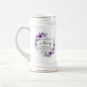 Caneca De Cerveja Psalm 23:6 Inspirational Bíblia Verso Roxo Floral