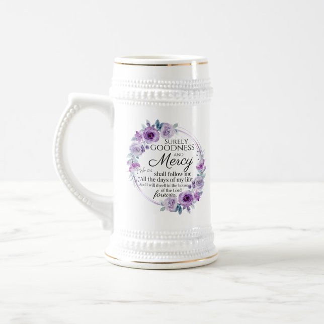 Caneca De Cerveja Psalm 23:6 Inspirational Bíblia Verso Roxo Floral (Esquerda)