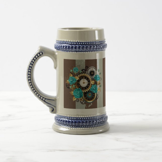 Caneca De Cerveja Relógio e Rosas de Turquesa em Striping (Esquerda)