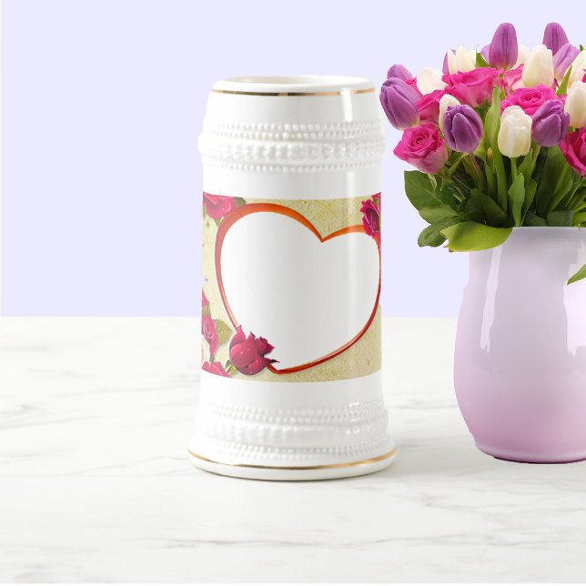 Caneca De Cerveja Rosas e quadro cardíaco adicione sua foto (Criador carregado)