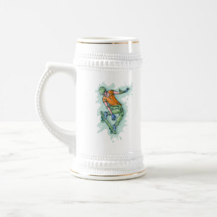 Caneca De Cerveja Skater Voador Colorido, Ilustração Engraçada