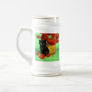 Caneca De Cerveja Van Gogh Black Kitten Red Flowers