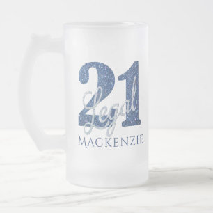 Caneca De Cerveja Vidro Jateado 21 e jurídico   aniversário de 21 anos Azul-Bril