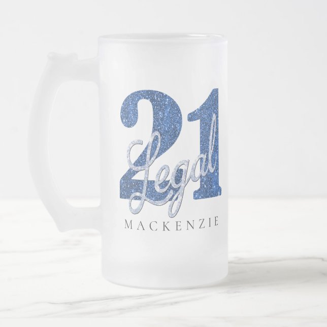 Caneca De Cerveja Vidro Jateado 21 e jurídico | Blue Faux Glitter aniversário de 2 (Esquerda)