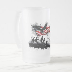 Caneca De Cerveja Vidro Jateado 4 de julho Arte Patriótica com Bandeira e Soldados