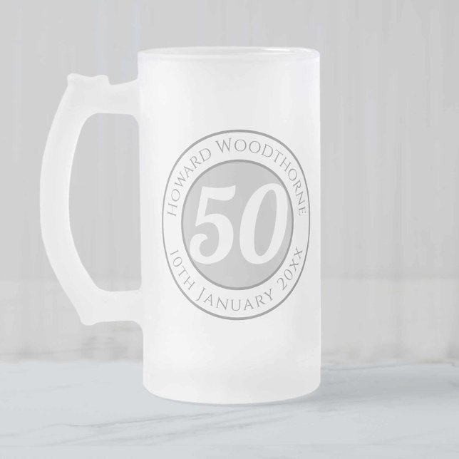 Caneca De Cerveja Vidro Jateado 50º aniversário com nome, idade e data (Criador carregado)