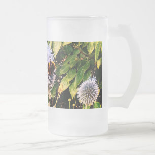 Caneca De Cerveja Vidro Jateado Abelhas e vespas, numa flor azul