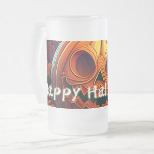 Caneca De Cerveja Vidro Jateado Abóbora Laranja Assustadora com Rosto, Halloween