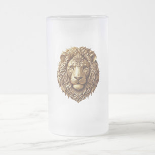 Caneca De Cerveja Vidro Jateado Adorno Tribal Majestoso de Cabeça de Leão em Vidro