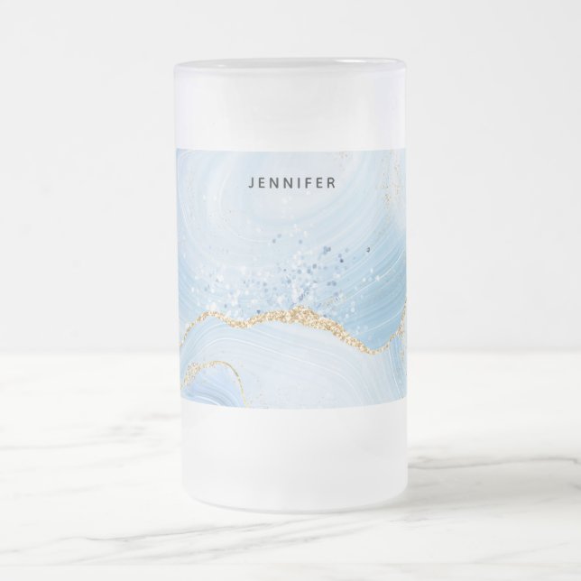 Caneca De Cerveja Vidro Jateado Agato Azul Legal Elegante com Faixa Brilhante Dour (Centro)