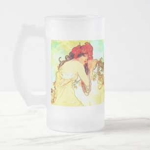 Caneca De Cerveja Vidro Jateado Alphonse Mucha Art Nouveau Summer
