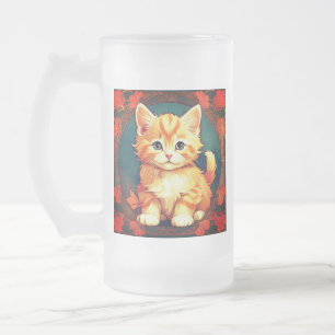 Caneca De Cerveja Vidro Jateado Alphonse Mucha Style Orange Cat