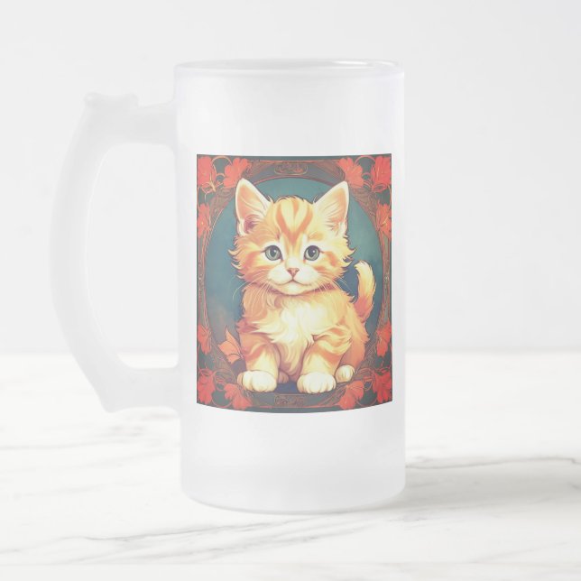 Caneca De Cerveja Vidro Jateado Alphonse Mucha Style Orange Cat (Esquerda)