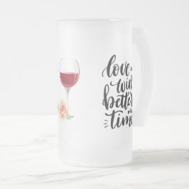 Caneca De Cerveja Vidro Jateado Amor e Vinho com Rosa