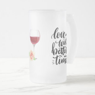 Caneca De Cerveja Vidro Jateado Amor e Vinho com Rosa