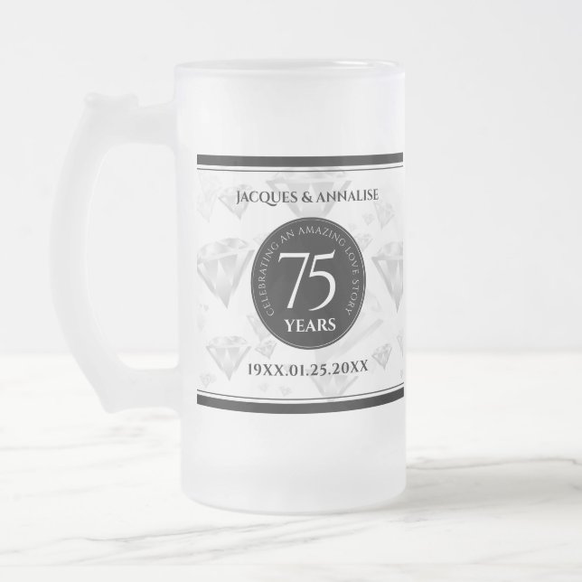 Caneca De Cerveja Vidro Jateado Aniversário de Casamento de Diamante Elegante 75 (Esquerda)