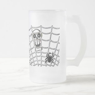 Caneca De Cerveja Vidro Jateado Aranha na Web com Caveira