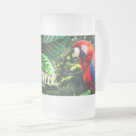 Caneca De Cerveja Vidro Jateado Arara-escarlate na selva com flores