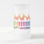 Caneca De Cerveja Vidro Jateado Arco-íris Menorah de Hanukkah<br><div class="desc">Menorah contemporâneo do arco-íris que comemora a época natalícia judaica com as palavras Hanukkah feliz. Arte original de pescadas de Margaret Loftin do artista.</div>