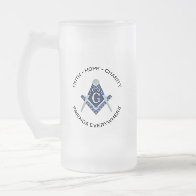 Caneca De Cerveja Vidro Jateado Azul Fosco Masônico (Esquerda)