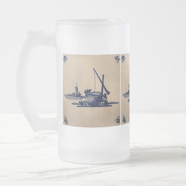 Caneca De Cerveja Vidro Jateado Azulejo Azul Delft Antiquário Clássico - Água Bem (Esquerda)