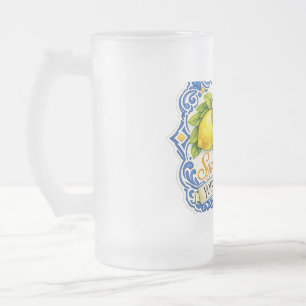 Caneca De Cerveja Vidro Jateado Azulejo Mediterrâneo de Limão – Arte em Aquarela c