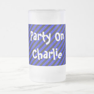 Caneca De Cerveja Vidro Jateado Bandas de Diagonal Finas Pretas e Azuis