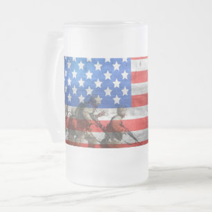 Caneca De Cerveja Vidro Jateado Bandeira dos EUA com Soldados e Estátua da Liberda