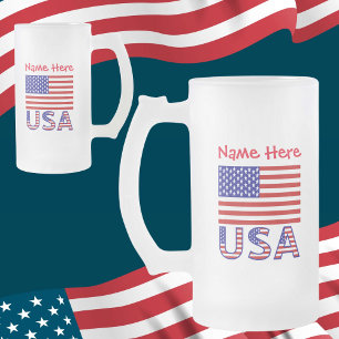 Caneca De Cerveja Vidro Jateado Bandeira EUA Estados Unidos da América Vermelha Pe