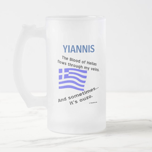 Caneca De Cerveja Vidro Jateado Bandeira Grega Hellas Sangue e Ouzo (Esquerda)