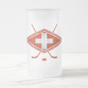 Caneca De Cerveja Vidro Jateado Bandeira suíça do hóquei em gelo