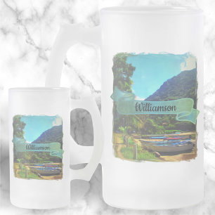 Caneca De Cerveja Vidro Jateado Barcos Mismaloya no rio 0350