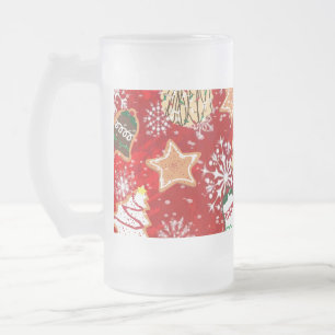 Caneca De Cerveja Vidro Jateado Biscoitos de Natal e Flocos de Neve em Vermelho