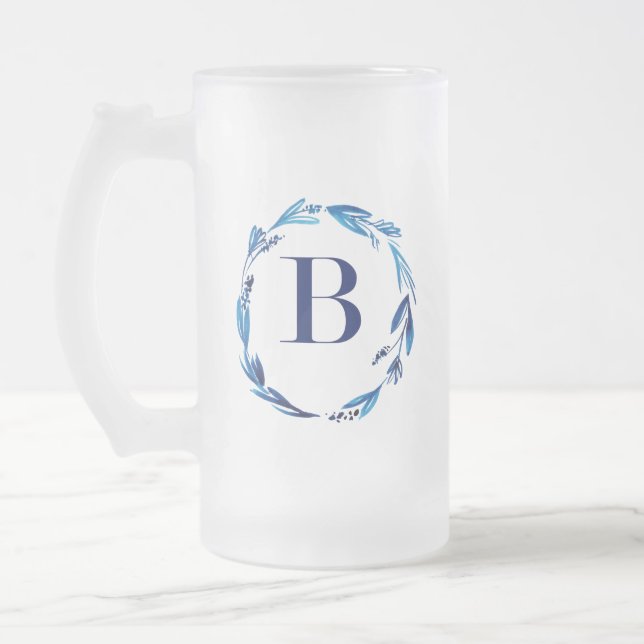 Caneca De Cerveja Vidro Jateado Blue Floral Wreath 'B' (Esquerda)