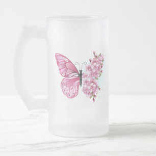 Caneca De Cerveja Vidro Jateado Borboleta Flor com Sakura Rosa