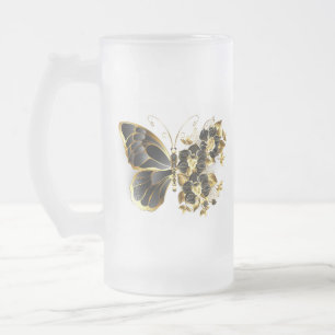 Caneca De Cerveja Vidro Jateado Borboleta Flor Dourada com Orquídea Preta