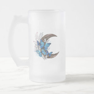 Caneca De Cerveja Vidro Jateado Borboletas azuis em crescente de madeira