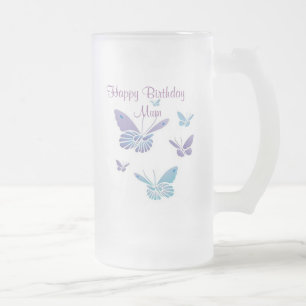 Caneca De Cerveja Vidro Jateado Borboletas da dança, mãe do feliz aniversario
