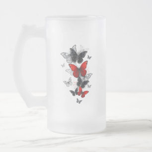 Caneca De Cerveja Vidro Jateado Borboletas Negras e Vermelhas