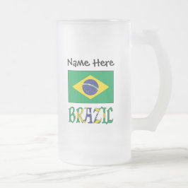 Caneca De Cerveja Vidro Jateado Brasil e Bandeira Brasileira com o Seu Nome