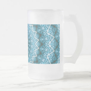 Caneca De Cerveja Vidro Jateado Calidoscópio / Mandala Azul Claro