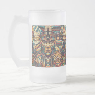 Caneca De Cerveja Vidro Jateado Cama de vidro "Mesoamerican Motif" azul gelada