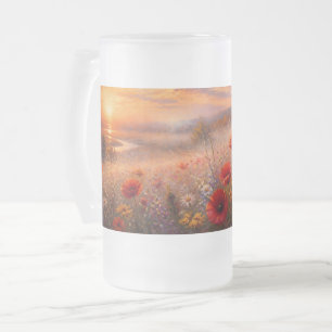 Caneca De Cerveja Vidro Jateado Campo de Papoulas ao Pôr do Sol Pintura Impression