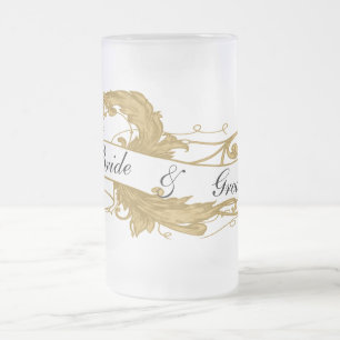 Caneca De Cerveja Vidro Jateado Casamento Dourado com Folha e Banner