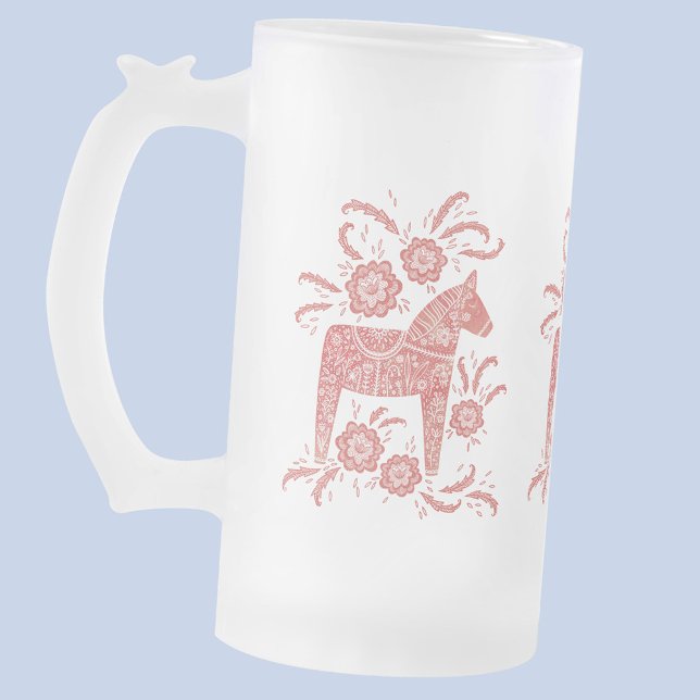 Caneca De Cerveja Vidro Jateado Cavalos de Dala Suecos Vermelho e Branco (Red and white Dala Horse Swedish folk art frosted glass beer mug)