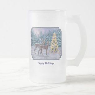 Caneca De Cerveja Vidro Jateado Cena de inverno de cervo e árvore de Natal